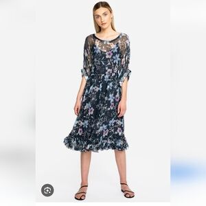 Johnny Was 100% Silk Floral Midi Dress Navy and Purple
